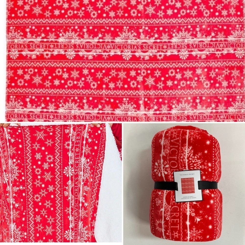 Victoria's Secret Red Holiday Throw Blanket Sherpa Snowflake VS Logo 50x60
